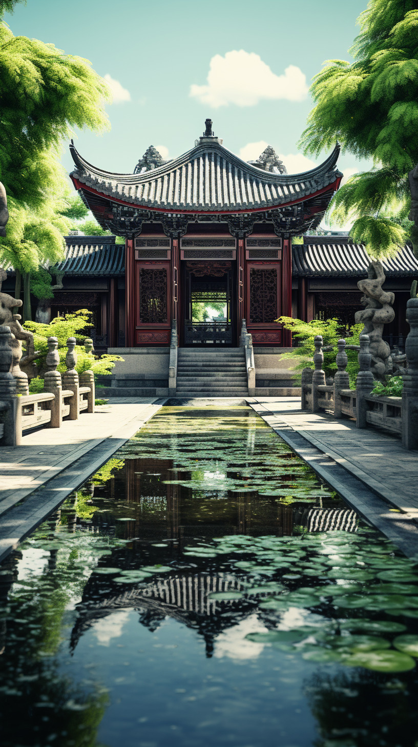 中式寺庙庭院,相机实拍,物体真实,物体纹理真实自然,氛围感真实强烈,水面纹理、反光真实,光源真实,光-豆友Q18A的文本出图-自由创作作品
