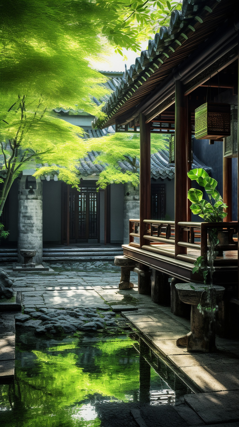 中式寺庙庭院,相机实拍,物体真实,物体纹理真实自然,氛围感真实强烈,水面纹理、反光真实,光源真实,光-豆友Q18A的Midjourney作品 ...