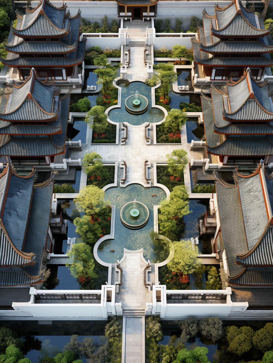 古典风豪华、霸气、辉煌的中式庭院,相机实拍,半俯视视角。物体真实,物体纹理真实自然,水面纹理、反光真-豆友cFxM的文本出图-自由创作作品