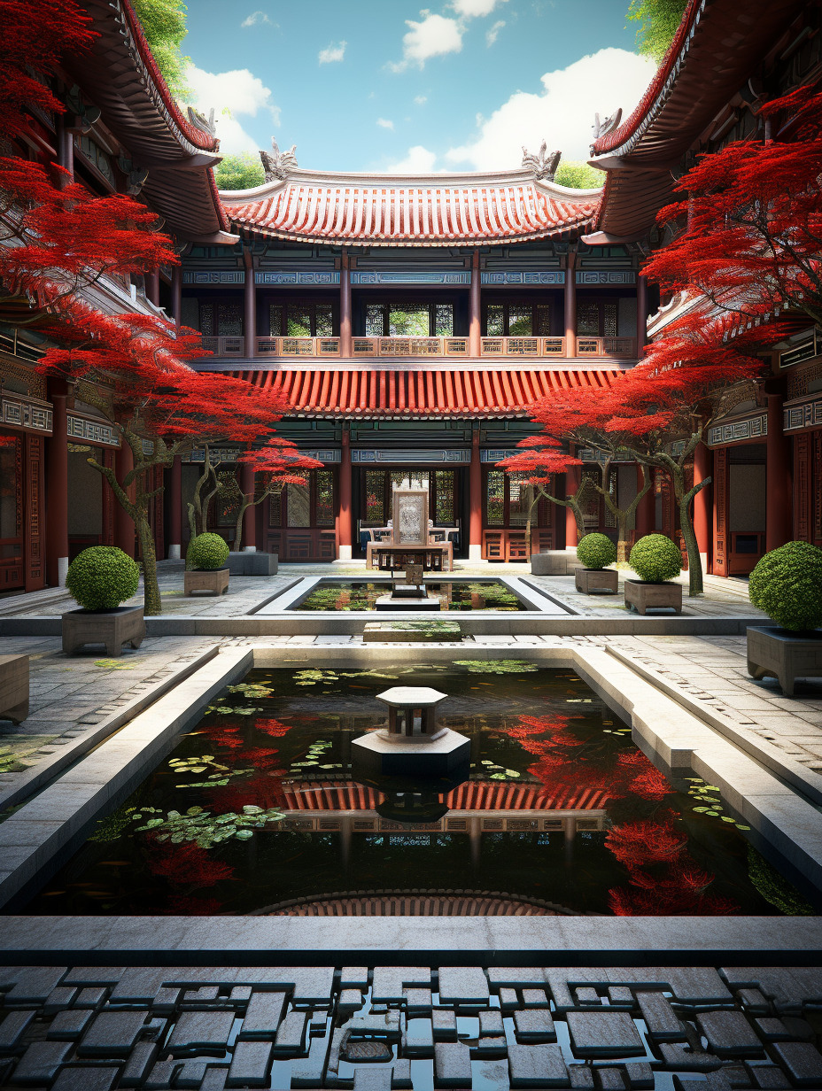 豪华、霸气、辉煌、喜庆的中式庭院,相机实拍,半俯视视角。物体真实,物体纹理真实自然,水面纹理、反光真-豆友cFxM的Midjourney作品 ...