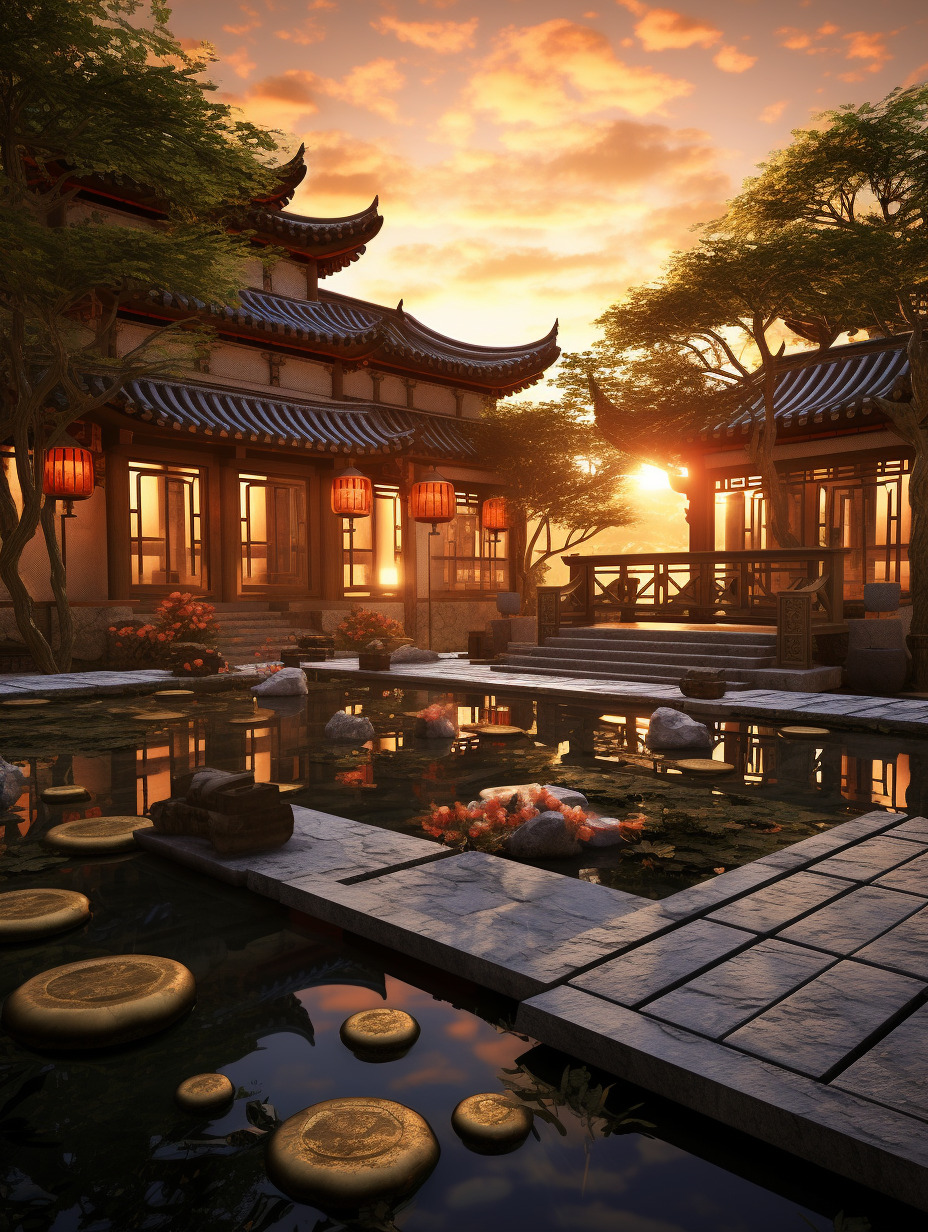傍晚夕阳落在豪华、霸气、辉煌、中式庭院,相机实拍,半俯视视角。物体真实,高分辨率,物体纹理真实自然,-豆友cFxM的文本出图 ...