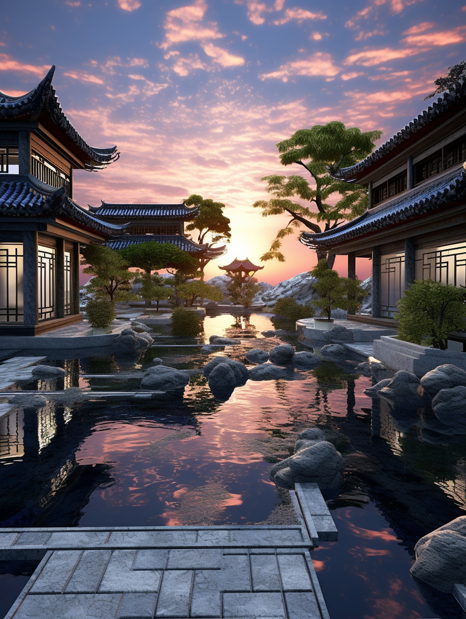 傍晚夕阳落在豪华、霸气、辉煌、中式庭院,相机实拍,半俯视视角。物体真实,高分辨率,物体纹理真实自然,-豆友cFxM的Midjourney作品 ...