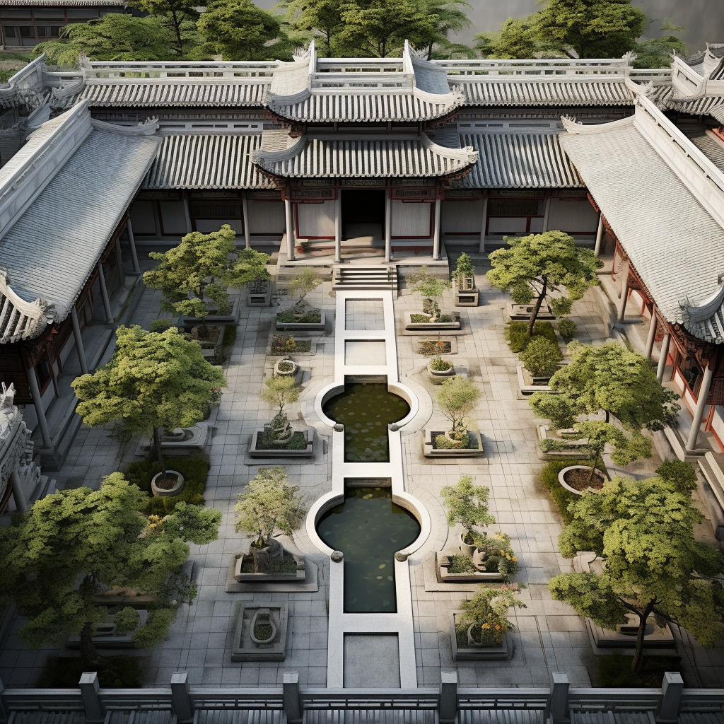 古典、辉煌、霸气的中式庭院,相机实拍,半俯视视角展示图物体真实,高分辨率,物体纹理真实自然,水面纹理-豆友cFxM的文本出图-自由创作作品