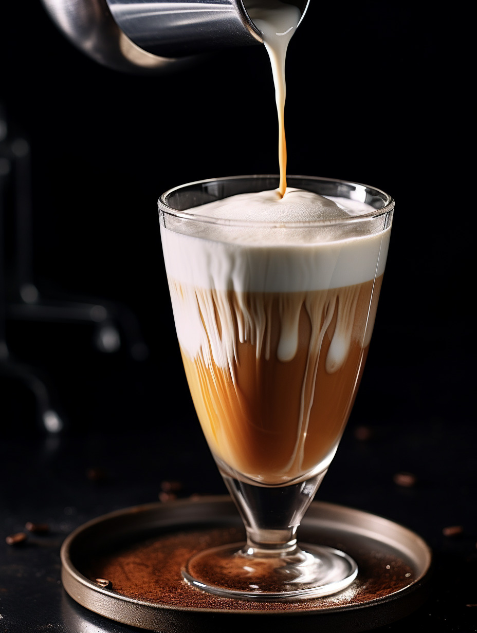 咖啡的制作过程，咖啡与牛奶，简约风，小清新一杯咖啡卡布奇诺的制作过程，展示出浓缩咖啡、牛奶和奶泡的混豆友rF24的文本出图自由创作作品