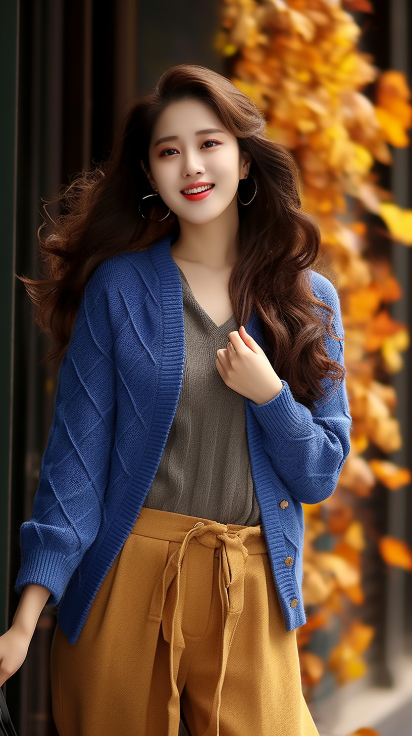 35岁左右温婉成熟美女,秋季时尚大片,上身穿针织开衫毛衣,下身穿长裤子,全身照,有树的商业街,站着,-豆友qooI的文本出图-自由创作作品