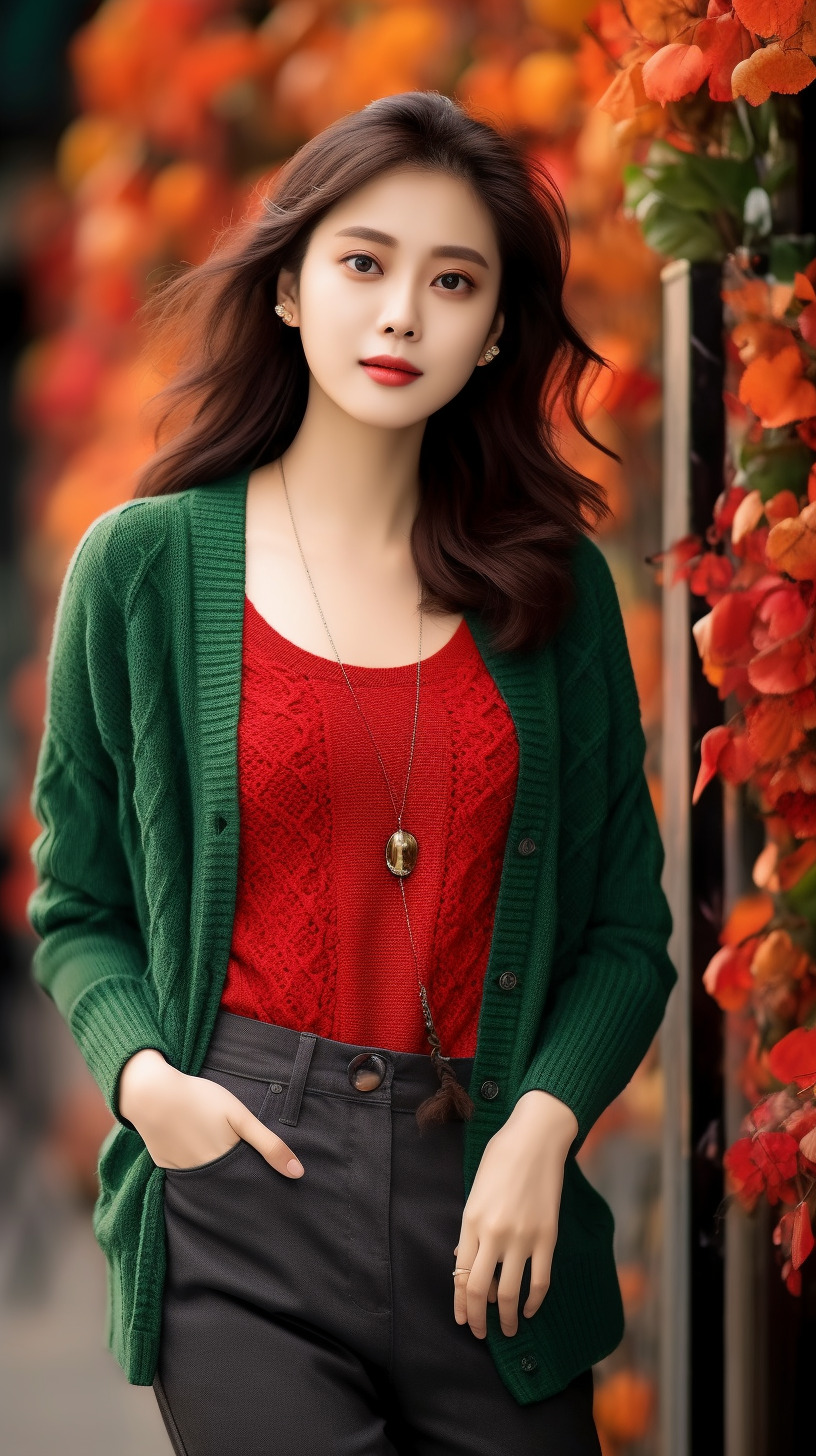 35岁左右温婉成熟美女,秋季时尚大片,上身穿针织开衫毛衣,下身穿长裤子,全身照,有树的商业街,站着,-豆友qooI的文本出图-自由创作作品