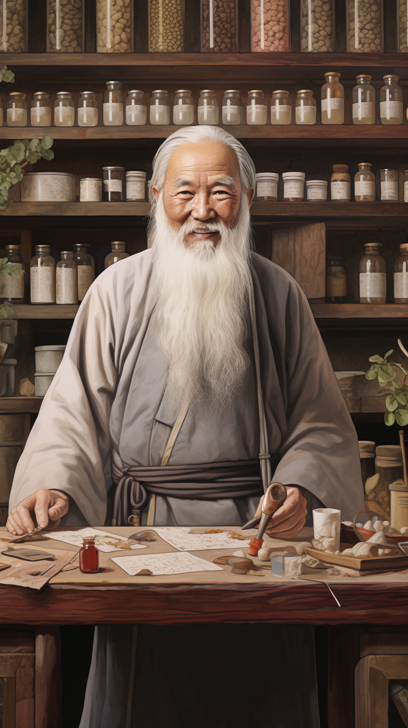 画一个中国古代分割老中医正面像,有中草药元素,在中药铺里面药匣子前为背景,白胡子,微笑慈祥-豆友R7IA的文本出图-自由创作作品