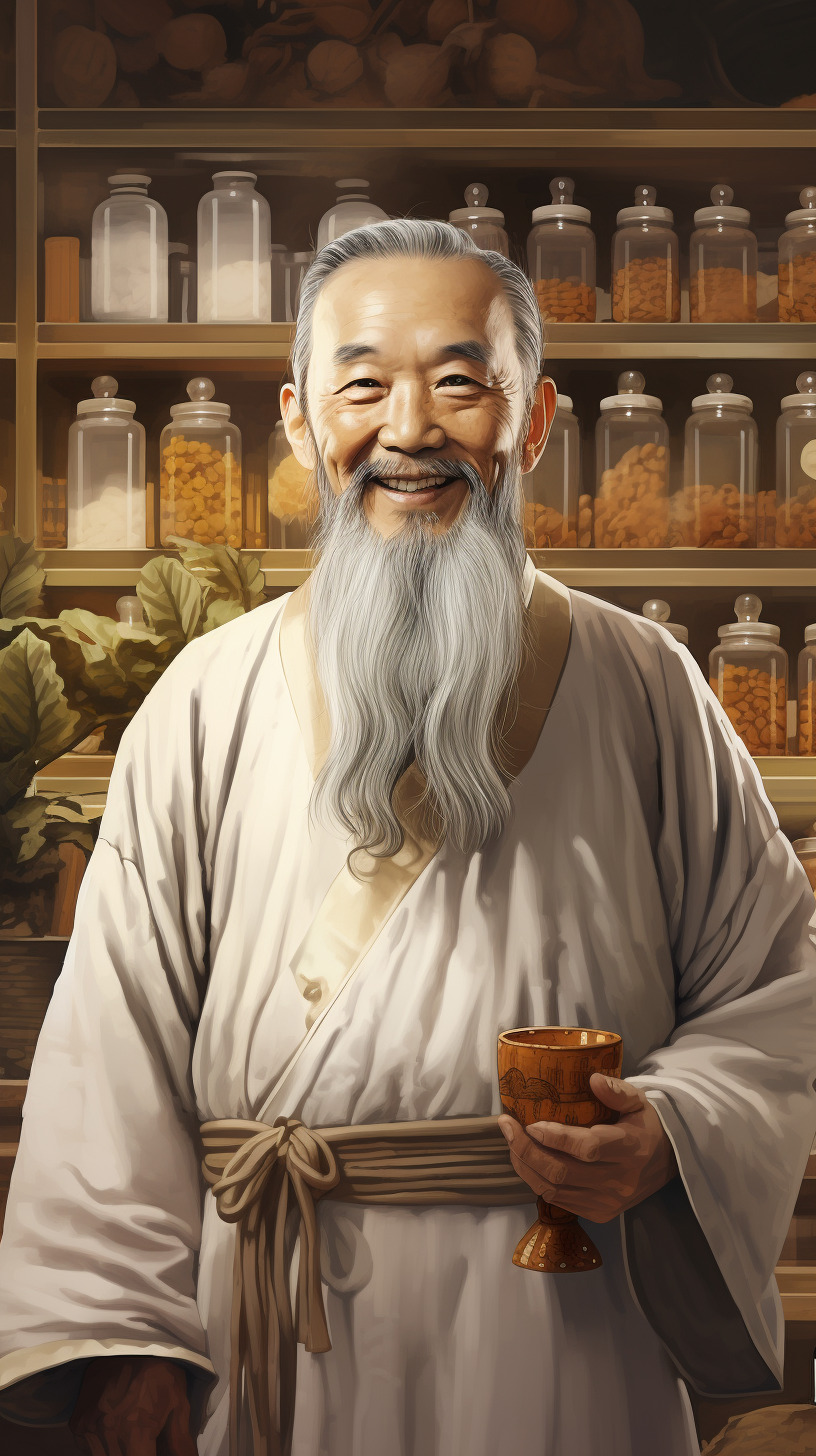 画一个中国古代分割老中医正面像,有中草药元素,在中药铺里面药匣子前为背景,短胡须,微笑慈祥-豆友R7IA的文本出图-自由创作作品