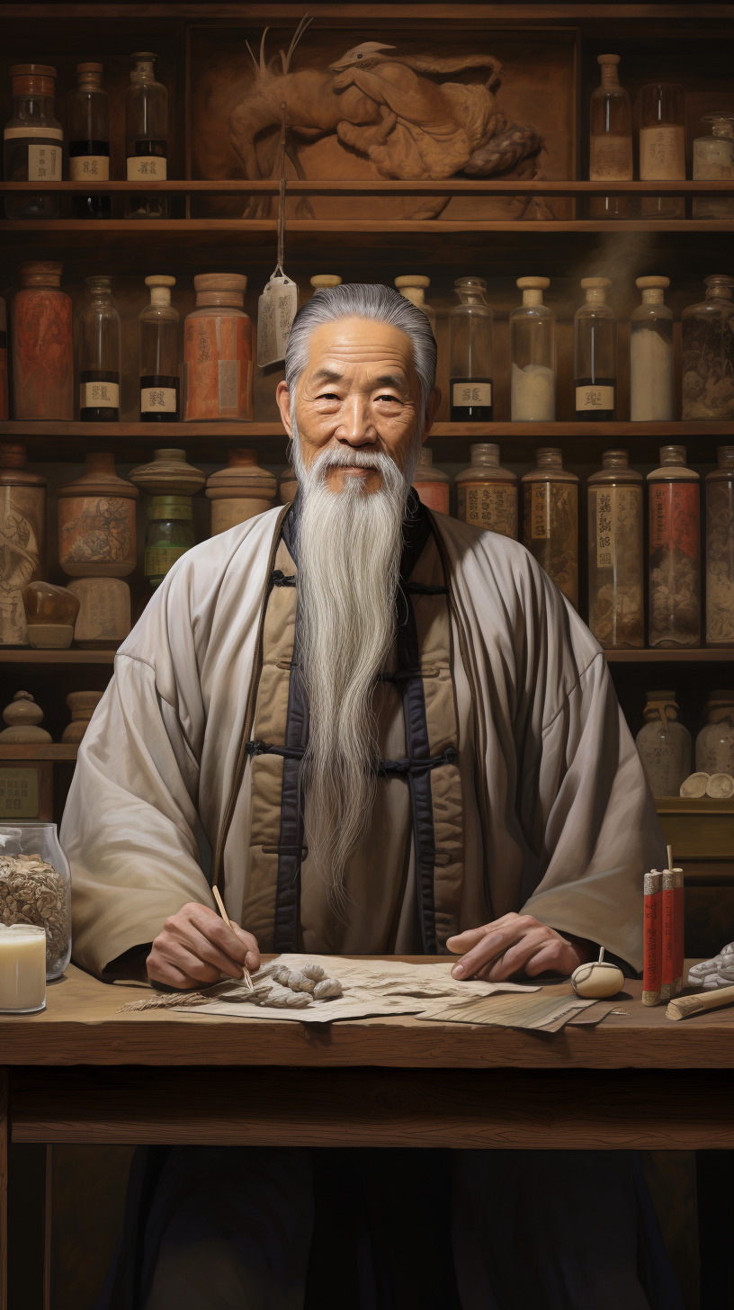 画一个中国古代分割老中医正面像,有中草药元素,在中药铺里面药匣子前为背景,短胡须,微笑慈祥-豆友R7IA的Midjourney作品-豆绘AI ...