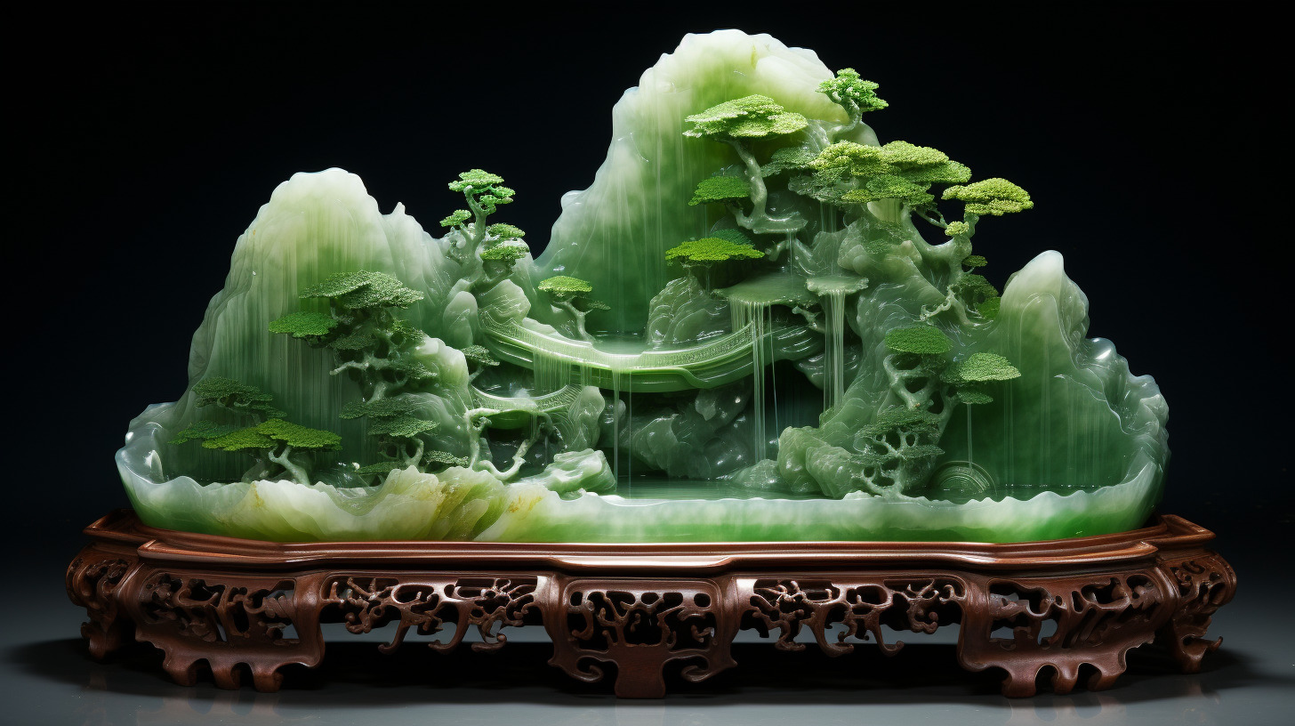 一盆中式玉石摆件, 简约,空灵,玉石雕刻工艺品,亭台楼阁,瀑布流水,禅意,空灵,绝美配色-feng的文本出图-自由创作作品