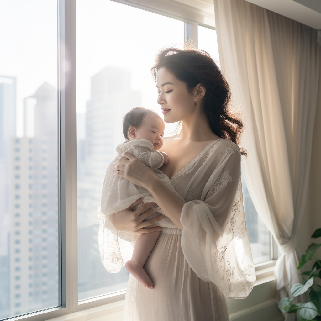 一个漂亮年轻的中国妈妈抱着小婴儿，真实照片，母爱呵护，全身照，落地窗的大卧室阳光明媚，刚出生的婴儿-豆友QB6c的Midjourney作品-豆 ...