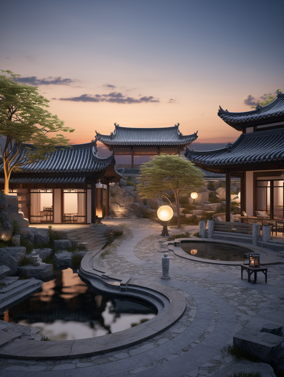 物体真实,物体纹理真实,傍晚、夕阳,中式元素的庭院,高分辨率,建筑构造符合现实逻辑,以营销性质为主的-豆友cFxM的文本出图-自由创作作品