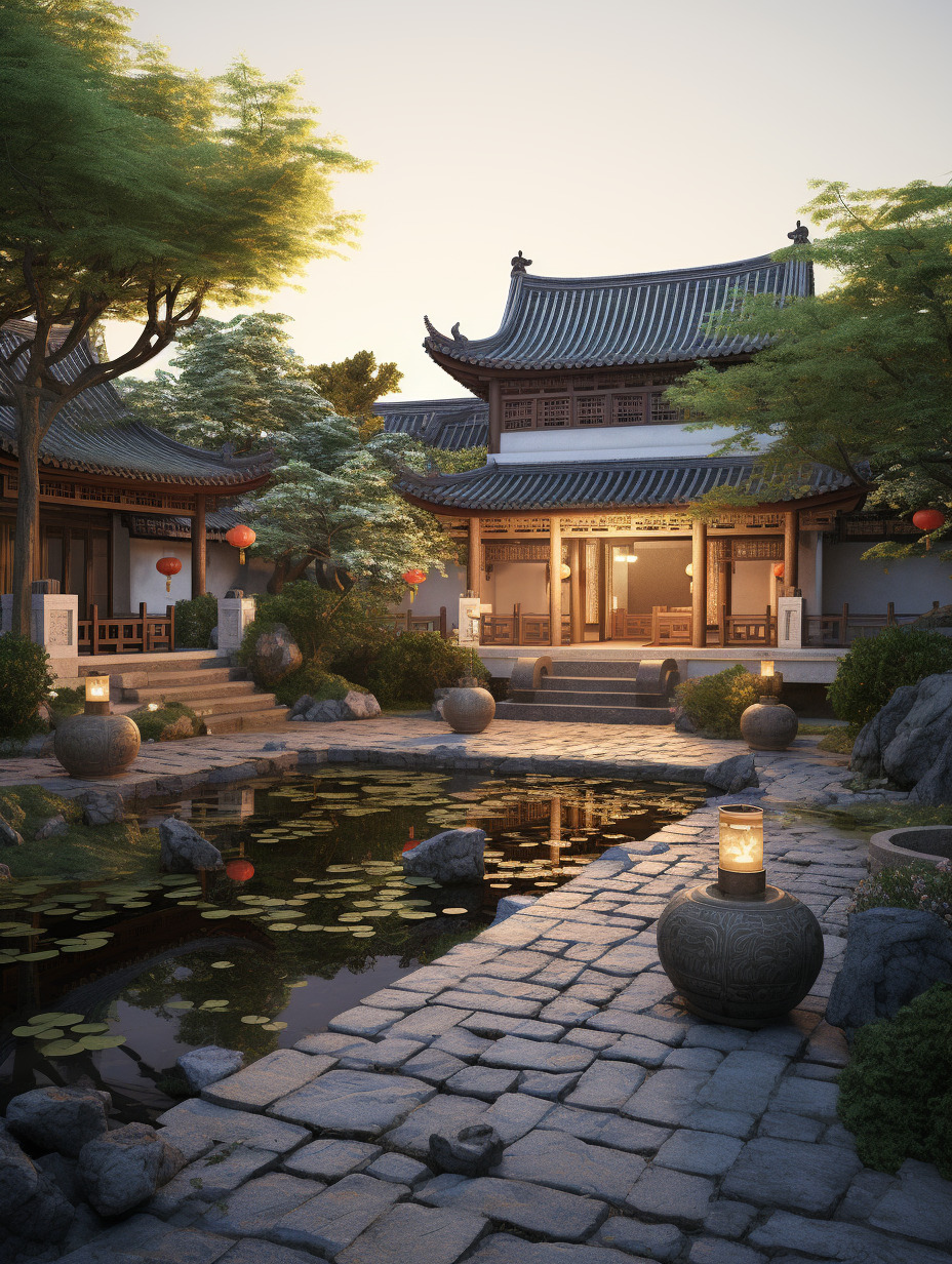 物体真实,物体纹理真实,傍晚、夕阳,中式元素的庭院,高分辨率,建筑构造符合现实逻辑,以营销性质为主的-豆友cFxM的文本出图-自由创作作品