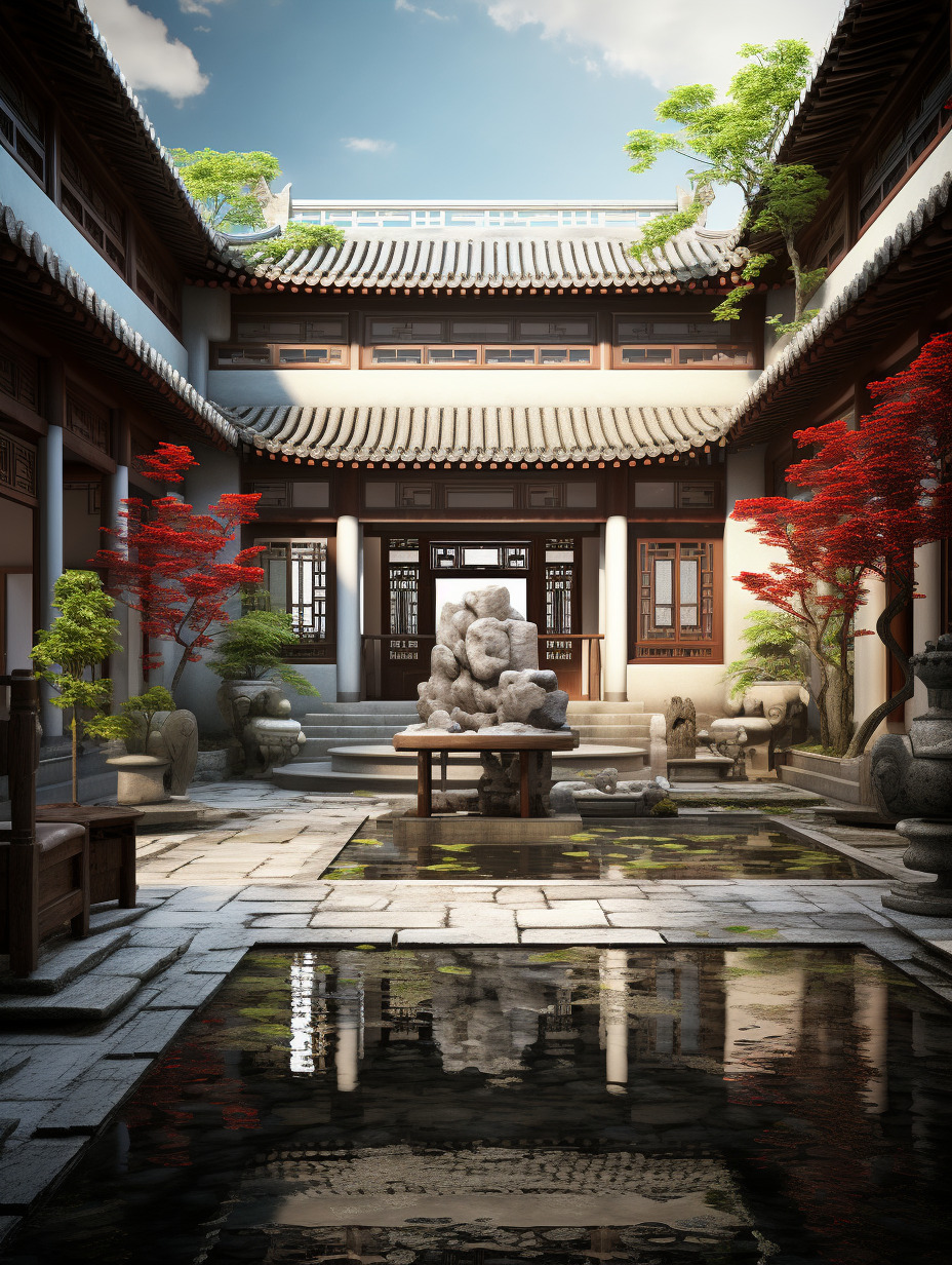 物体真实,物体纹理真实,中式元素的庭院,以整个院子为主体的视角,高分辨率,建筑构造符合现实逻辑,以营-豆友cFxM的文本出图-自由创作作品