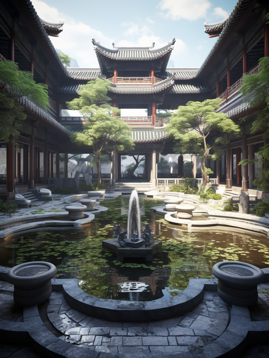 物体真实,物体纹理真实,中式元素的庭院,以整个院子为主体的视角,高分辨率,建筑构造符合现实逻辑,以营-豆友cFxM的文本出图-自由创作作品