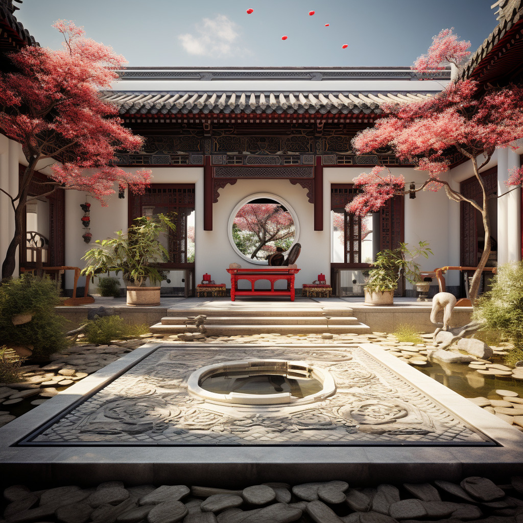 物体真实，物体纹理真实，中式元素的庭院，高分辨率，建筑构造符合现实逻辑，以营销性质为主的展示图。以整-豆友cFxM的Midjourney作品 ...