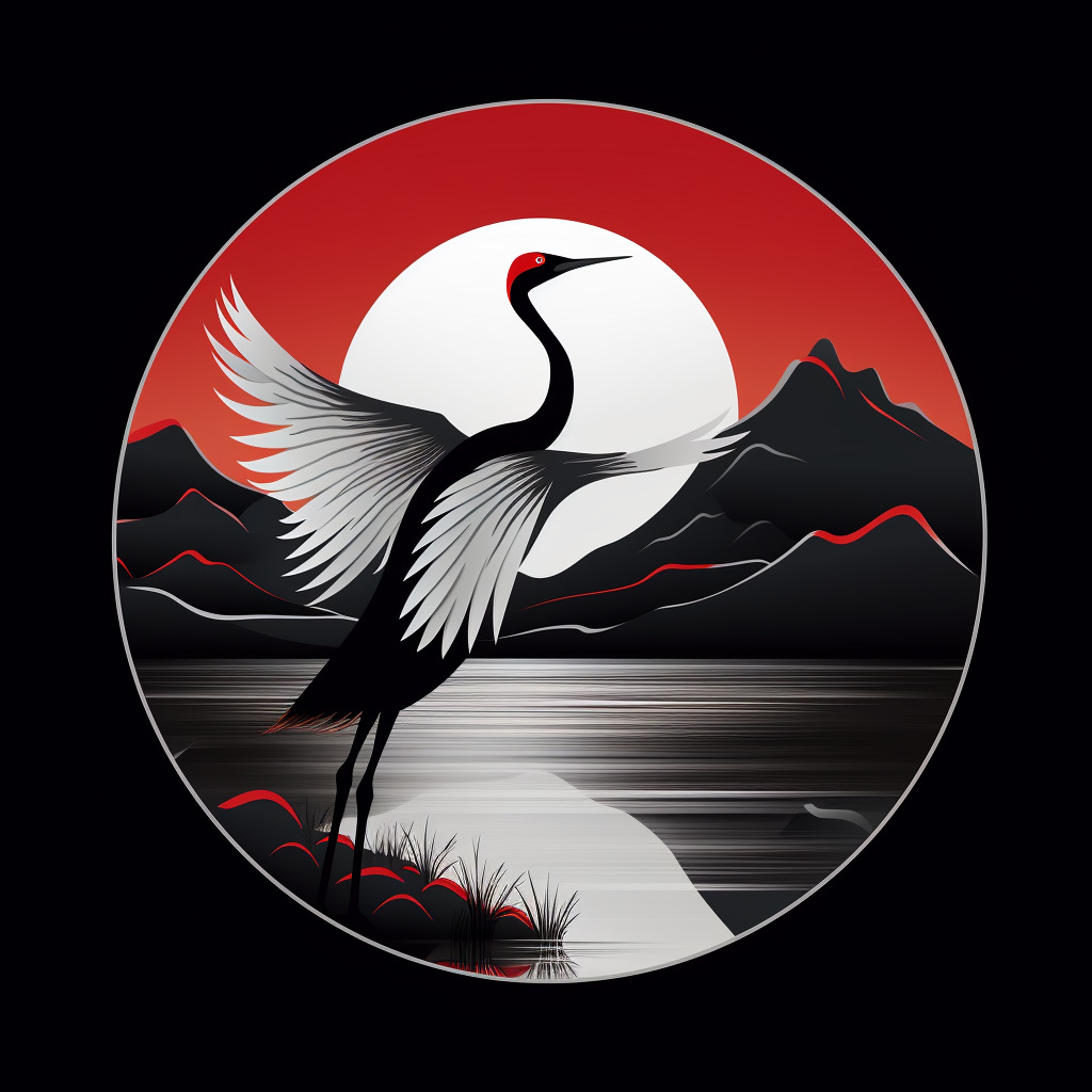 制作一个logo 黑色圆形底部，一直丹顶鹤飞行的元素再加一点山水原生-豆友Lm6c的文本出图-Midjourney模型作品
