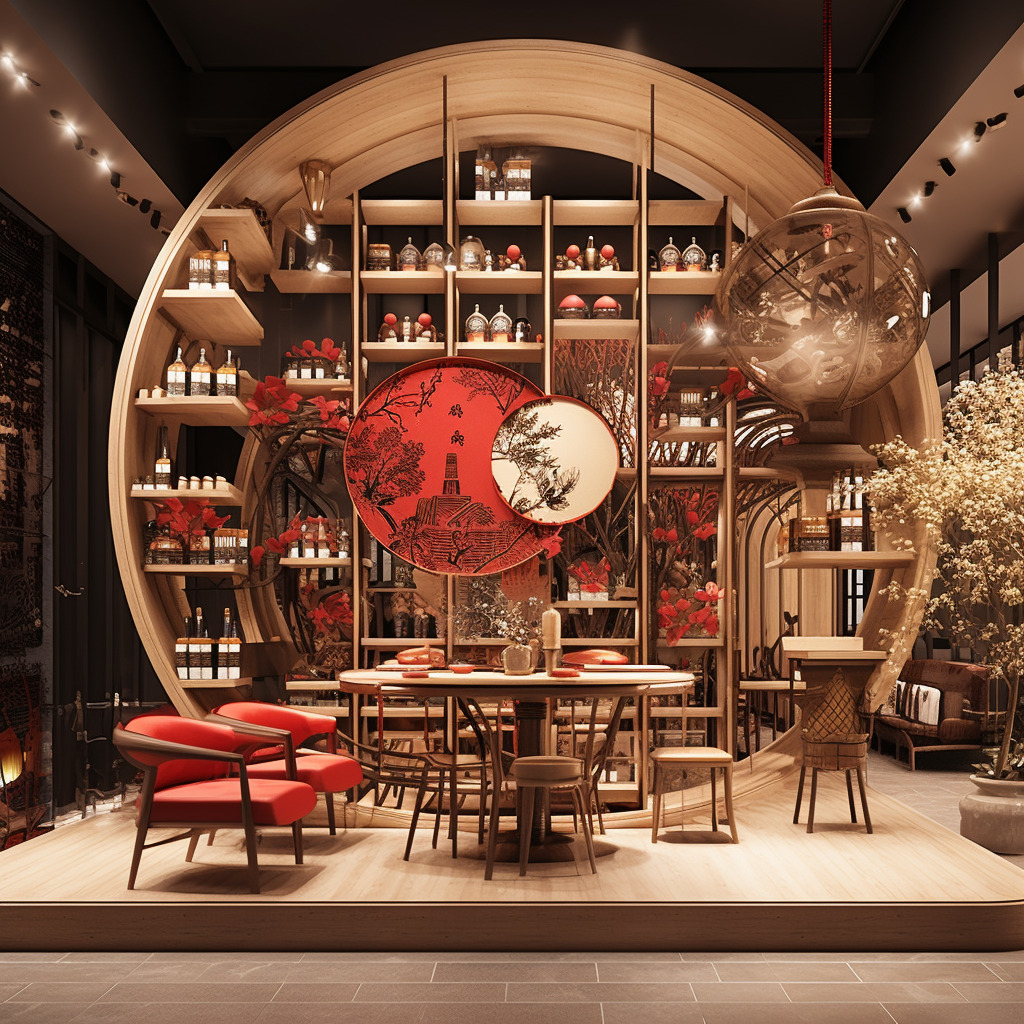 新中式，原木色，酒品展示，展馆，圆形墙面，刘伶醉，-豆友rzl0的Midjourney作品-豆绘AI - 专业且免费的在线AI绘图设计平台 ...