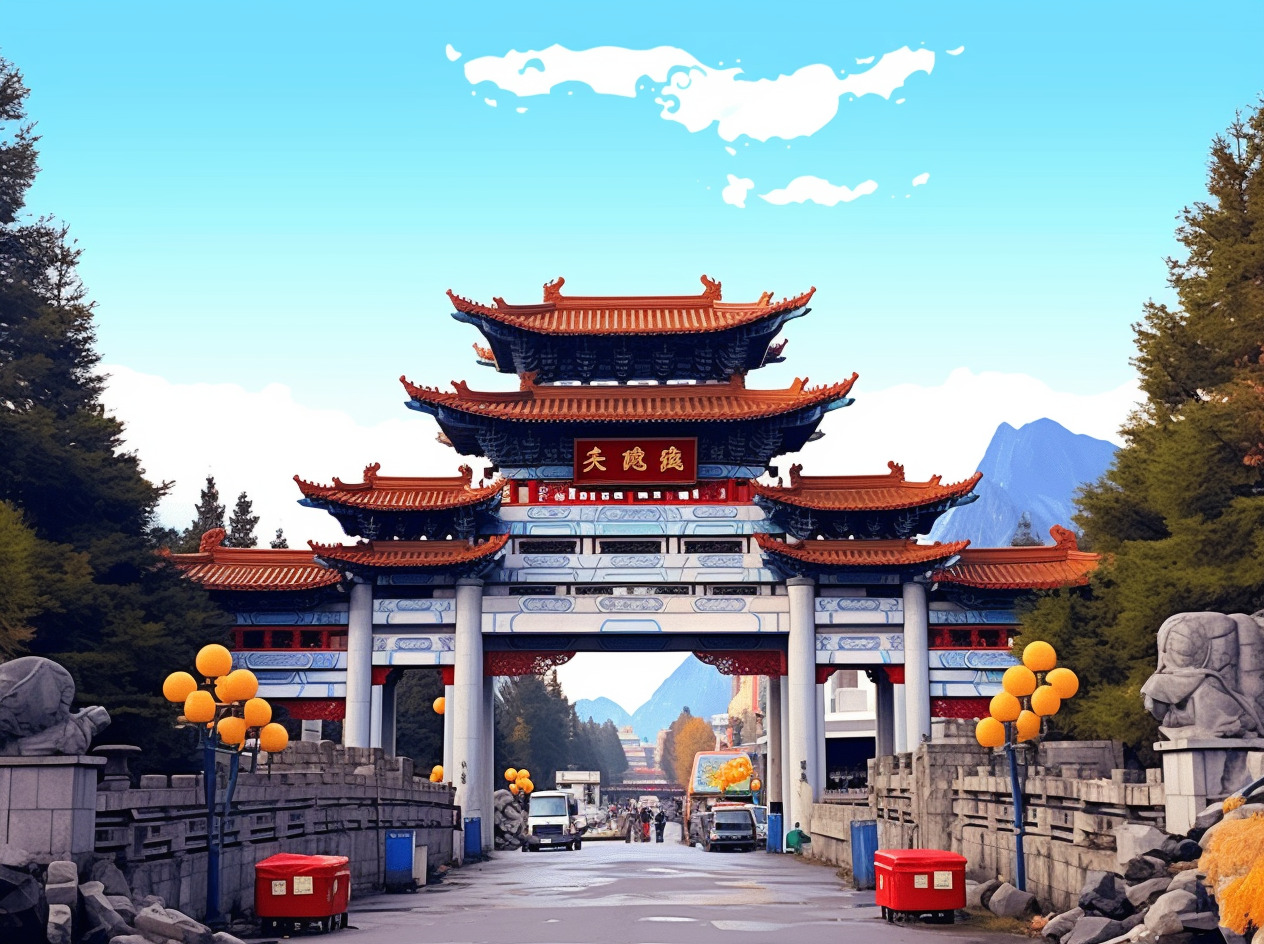 通化玉皇山玉皇阁,国风插画,扁平矢量插画,, 手绘插画, , 插画, 手绘插画, 门头, 矢量豆友vtw的文本出图自由创作作品