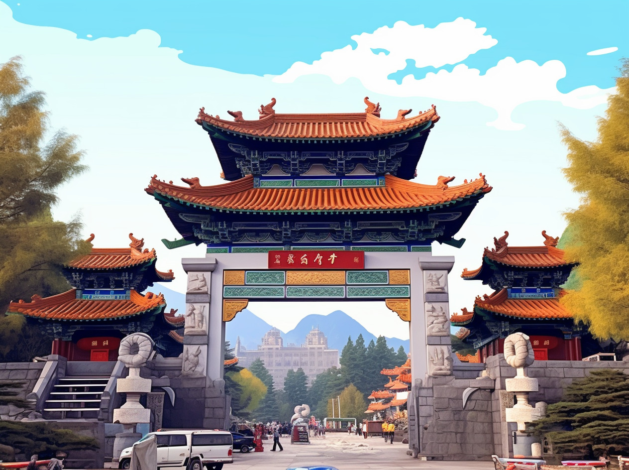 通化玉皇山玉皇阁，国风插画，扁平矢量插画，， 手绘插画， ， 插画， 手绘插画， 门头， 矢量豆友vtw的文本出图自由创作作品