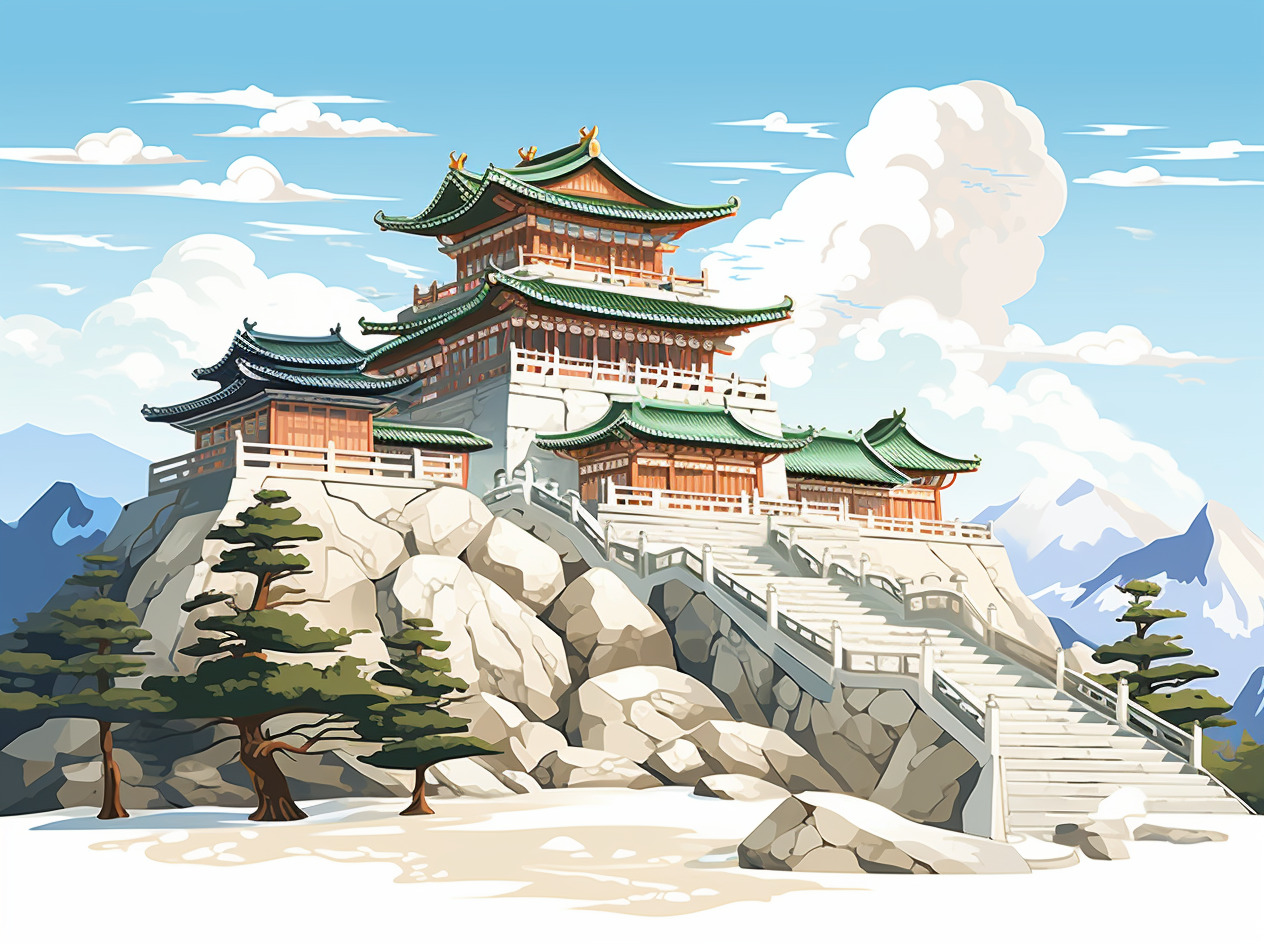 通化玉皇山玉皇阁，国风插画，扁平矢量插画，， 手绘插画， ， 插画， 手绘插画， 门头， 矢量豆友vtw的Midjourney作品豆绘