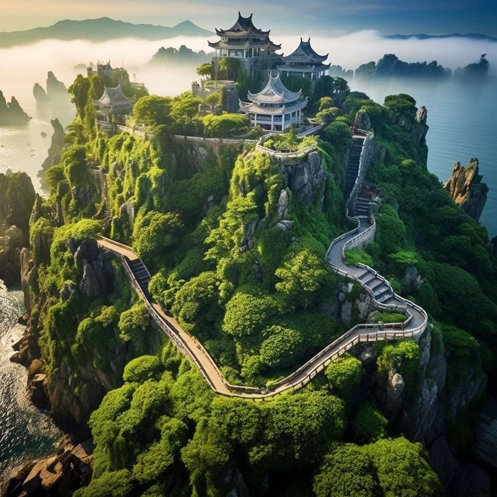 蓬莱仙境 蓬莱仙境是中国古代神话中的一座仙山,被描述为群山环绕的岛屿,拥有美丽的风景和神奇的仙境。其-豆友hO6Y的文本出图-自由创作作品
