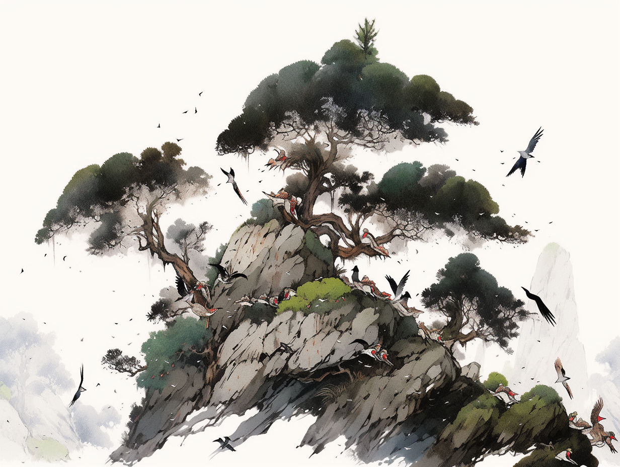 一颗巨大的老松树,书上有很多鸟,中国水墨山水画,吴冠中,蒙德里安风格-豆友4944的文本出图-自由创作作品