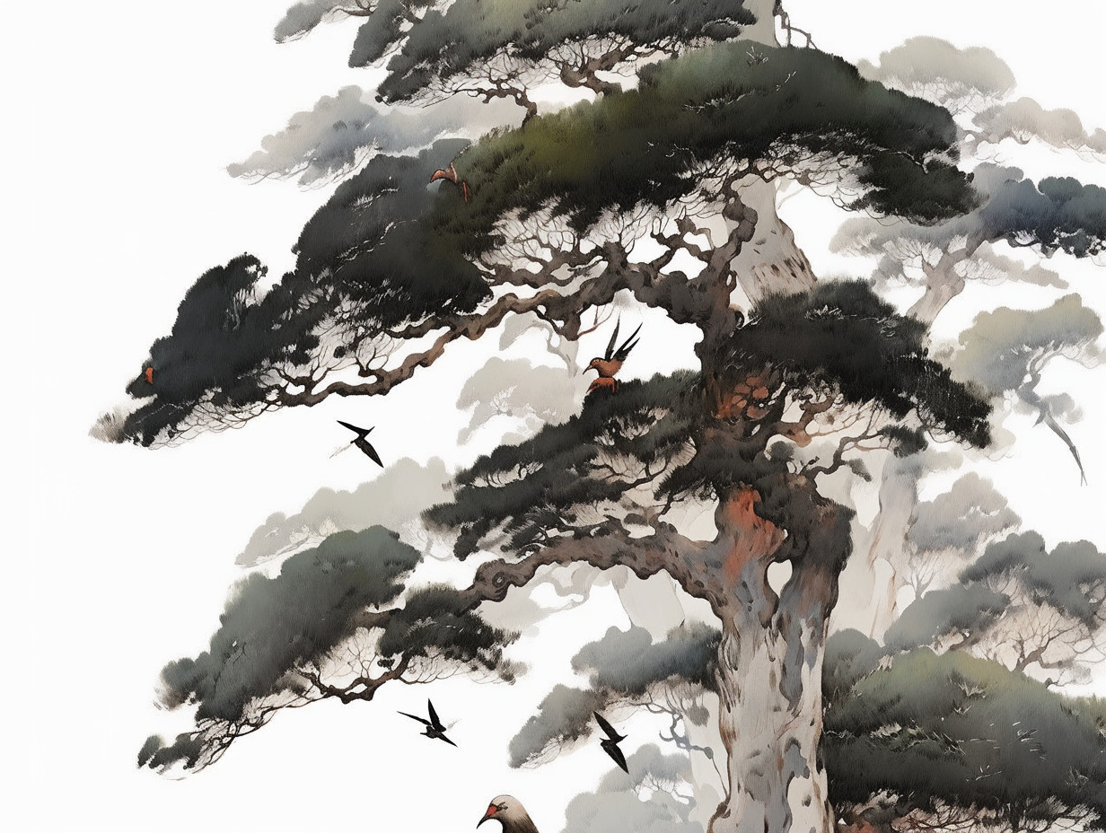 一颗巨大的老松树,书上有很多鸟,中国水墨山水画,吴冠中,蒙德里安风格-豆友4944的文本出图-Midjourney模型作品