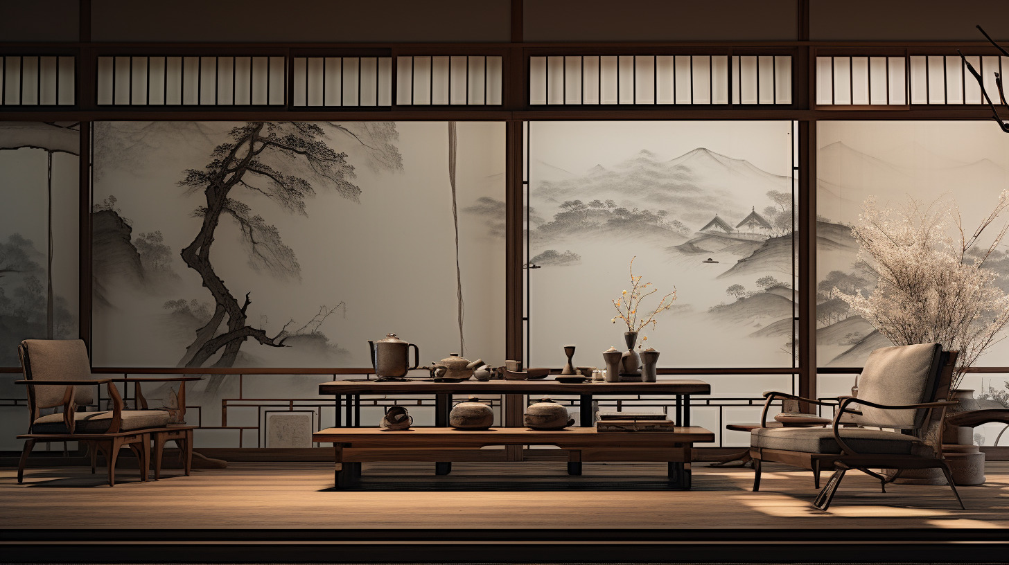 宋代美学生活馆,用光影效果等展现虚实结合的空间氛围,原木家具简洁线条流畅,房间里有书法,绘画,棋类,-夏尔的文本出图-自由创作作品