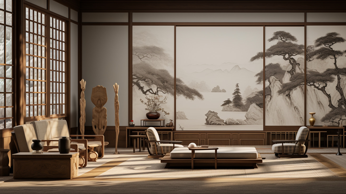 宋代美学生活馆,用光影效果等展现虚实结合的空间氛围,原木家具简洁线条流畅,房间里有书法,绘画,棋类,-夏尔的文本出图-Midjourney模型作品