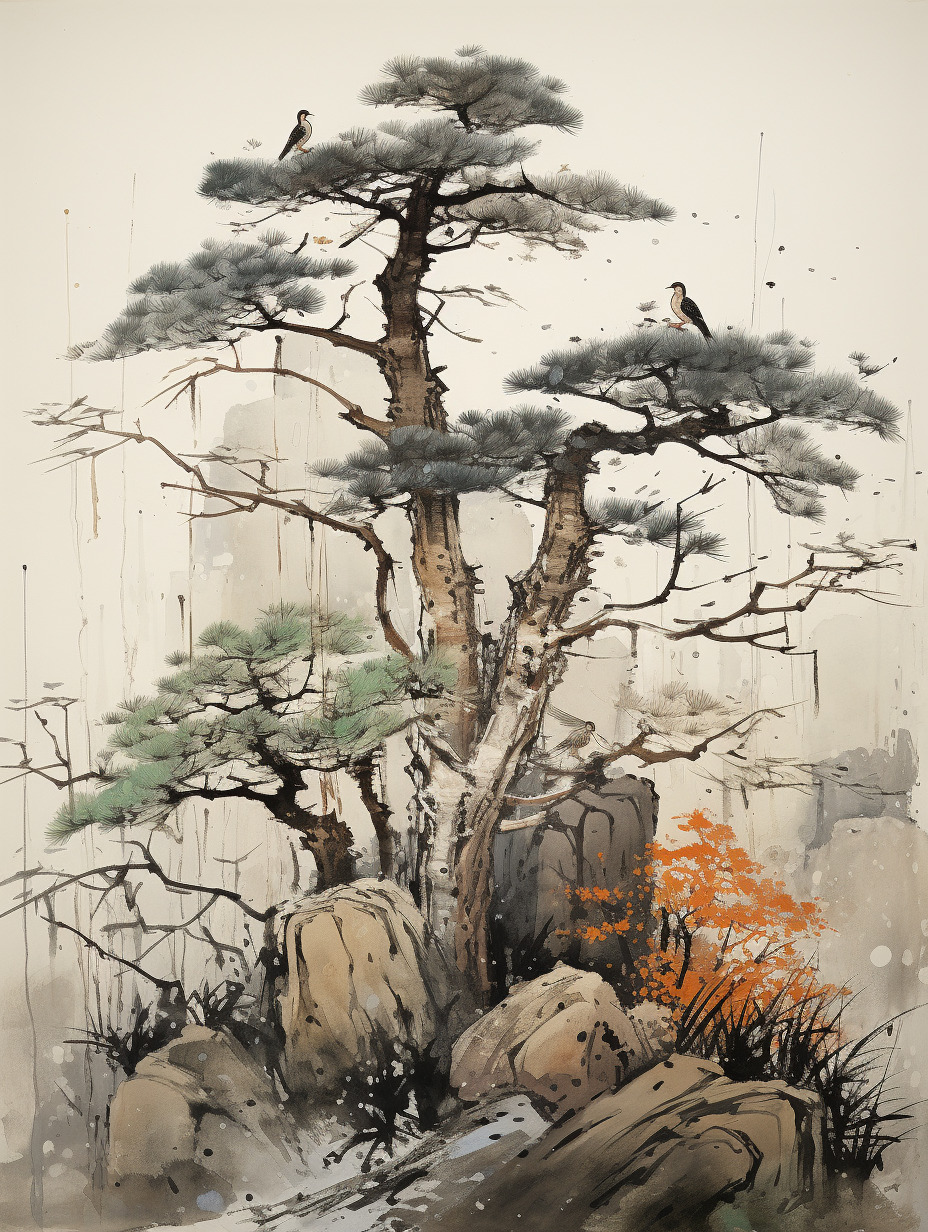 一颗高大粗壮的老松树,形状怪异,枝叶繁茂,树上有鸟嬉戏,中国水墨山水画,吴冠中,中国风-不吃草的黑牛的文本出图-自由创作作品