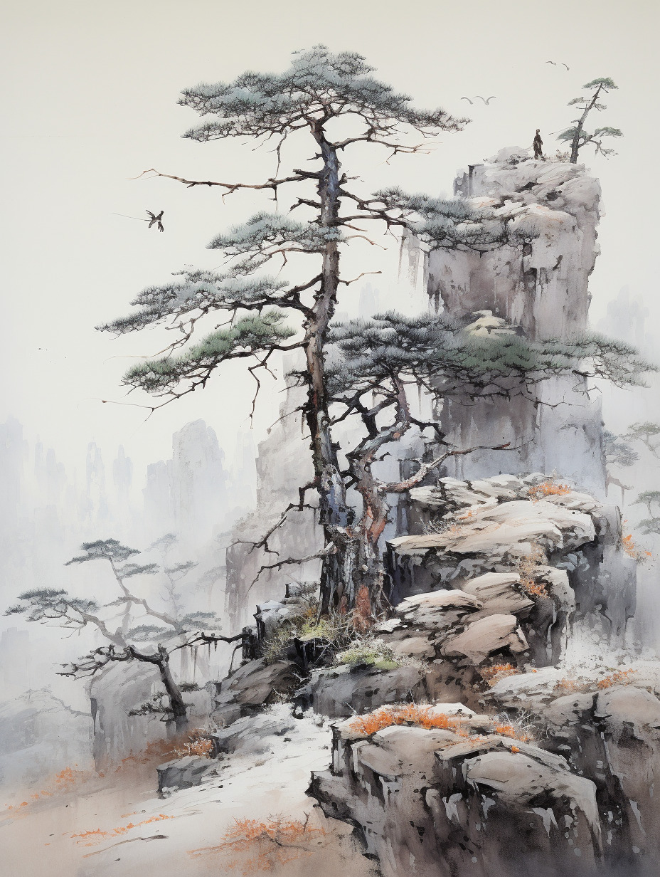 一颗高大粗壮的老松树,形状怪异,枝叶繁茂,树上有鸟嬉戏,中国水墨山水画,吴冠中,中国风-不吃草的黑牛的文本出图-Midjourney模型作品