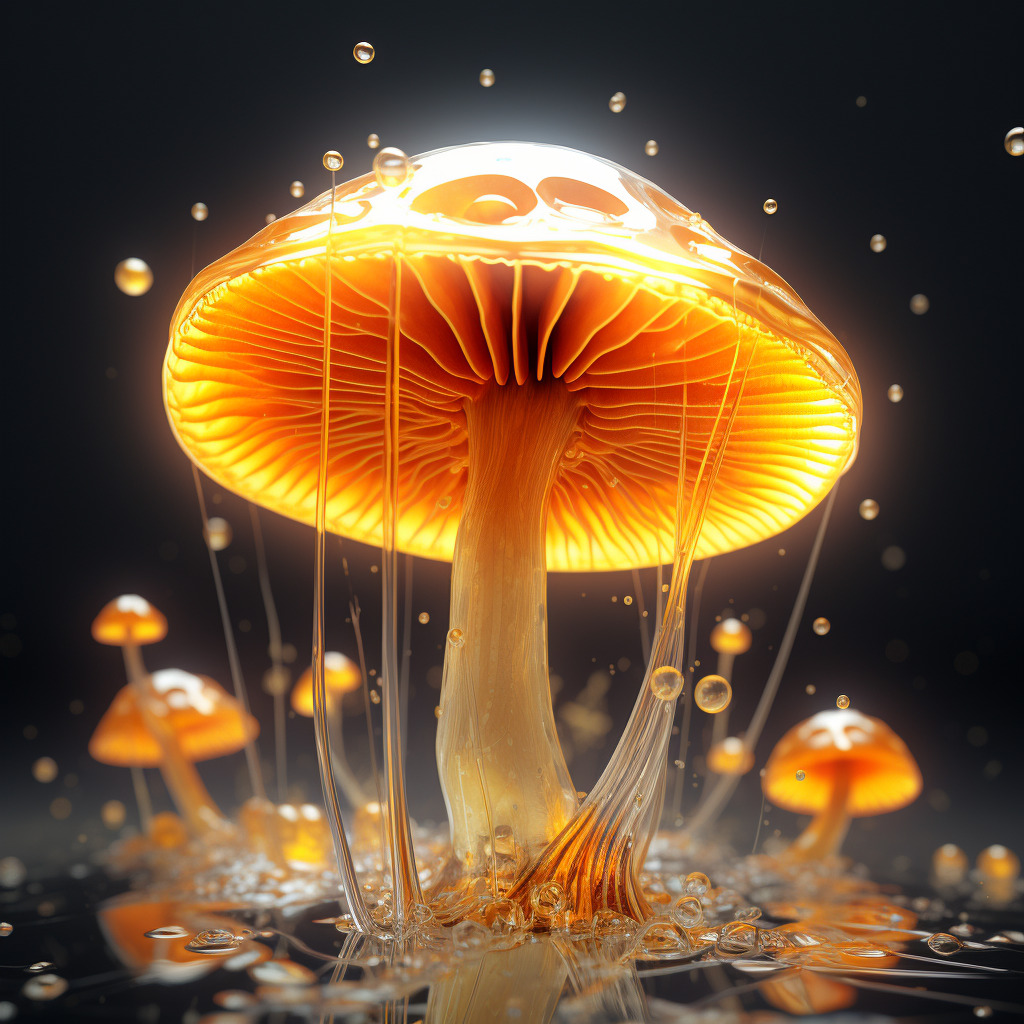 黄色的蘑菇，透明质感，3D渲染，超现实主义，电影级照明，特写，微距镜头，色彩斑斓，文艺复兴风格，蒸汽-豆友5vxk的文本出图-自由创作作品