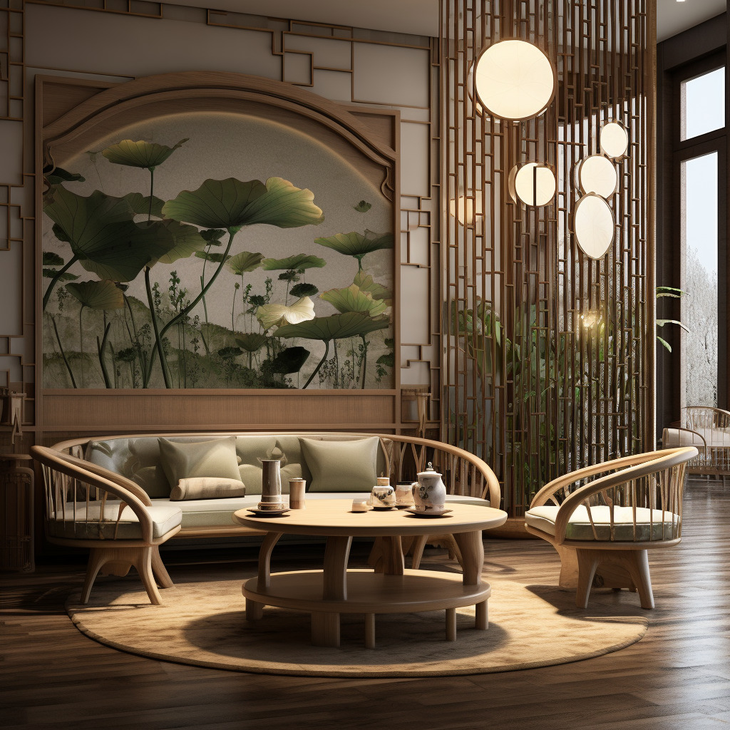以荷叶 雨水 水纹为元素 新中式茶室家具设计-豆友6341的文本出图-Midjourney模型作品
