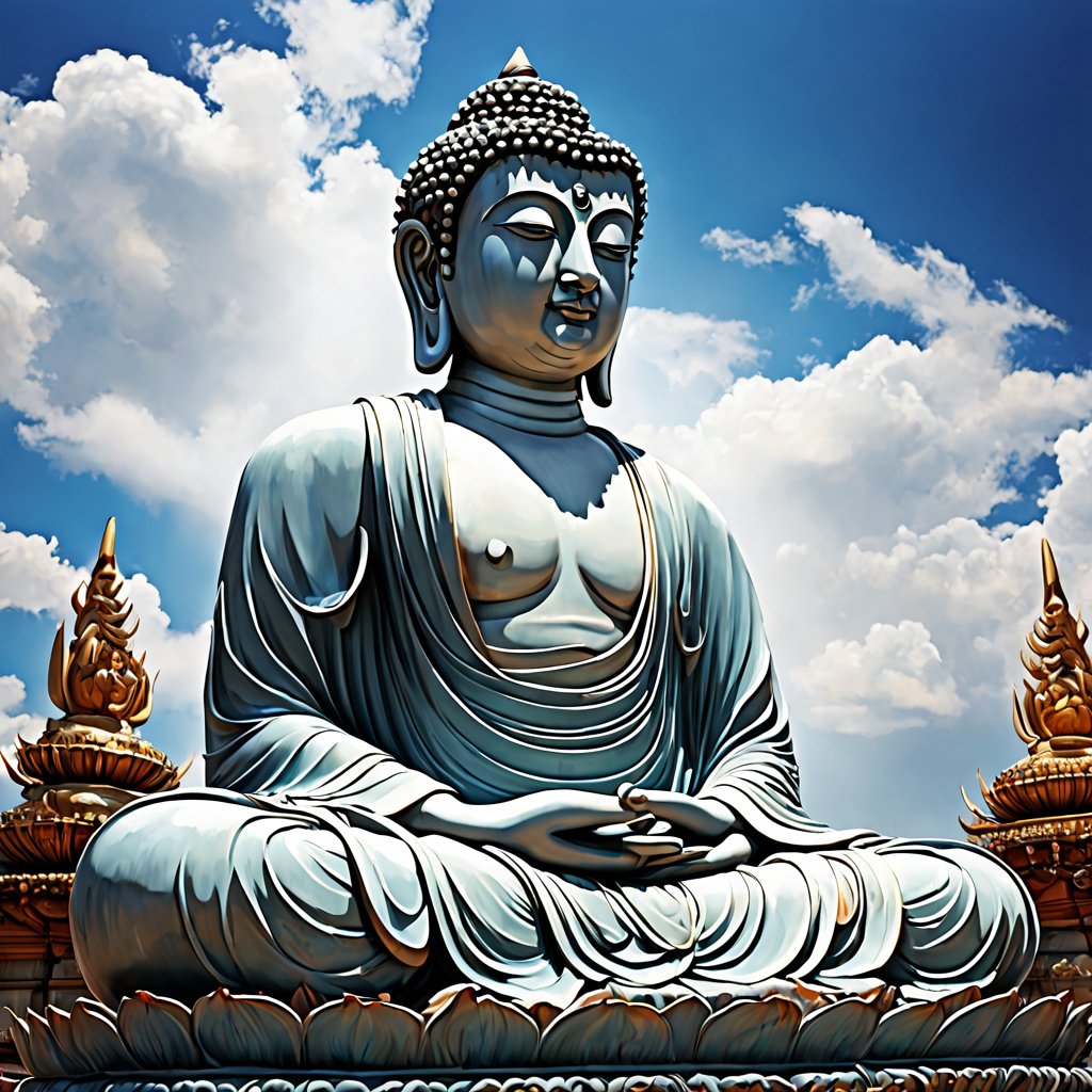 以天空中白云为背景,人体雕像的特写, 佛教中的佛陀, 佛教, 佛, 佛教徒, 漂亮的图像, 轮回, -豆友E144的文本出图-自定义创作作品