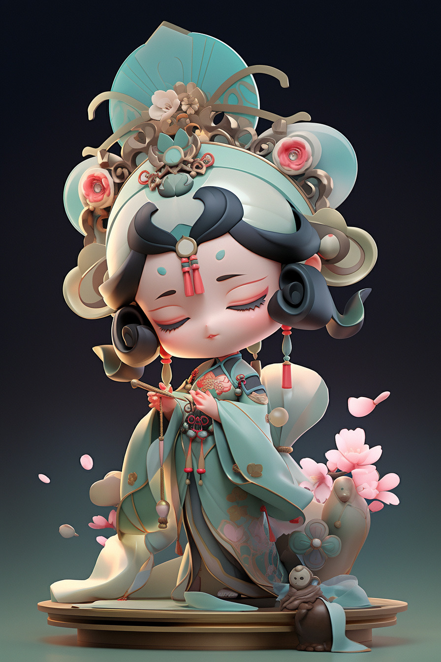 敦煌ip设计，一位头戴花朵，身披飘带的飞天女孩，她双手合十，祈祷着和平与繁荣，敦煌色系，高级感盲盒，-豆友zRjk的文本出图-自由创作作品