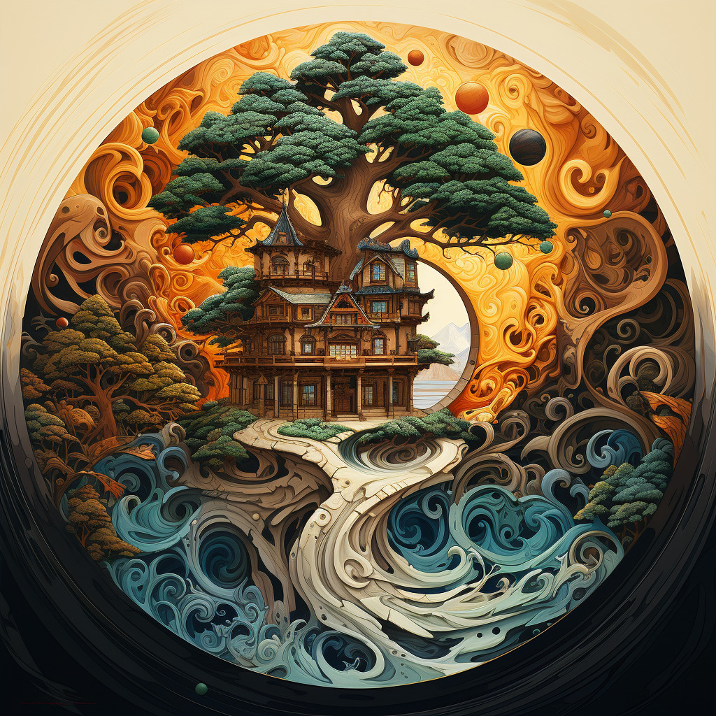 创造一个一个建木文明。画中心是一对阴阳鱼,阴阳鱼上边是一棵建木。人们生活在建木上。-豆友OSMY的文本出图-Midjourney模型作品
