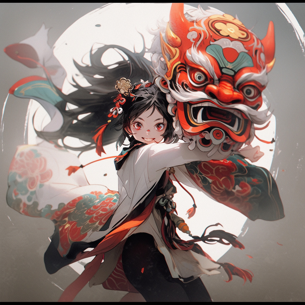 傩戏少女,头戴鬼面具,手拿鬼面具,贵州传统民族服饰,动漫,全身-豆友Fdxw的文本出图-Midjourney模型作品
