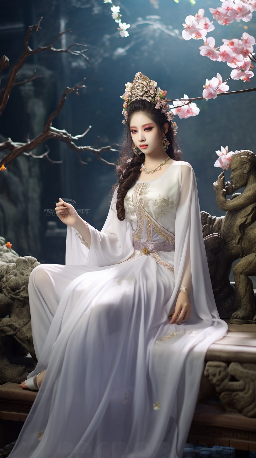 性感古风美女，观音菩萨，露肩，丰满低胸装，楚楚动人，紫白色色，鹅蛋脸，温柔面容，微笑，中式古风，持剑 明月的文本出图 Midjourney模型作品 