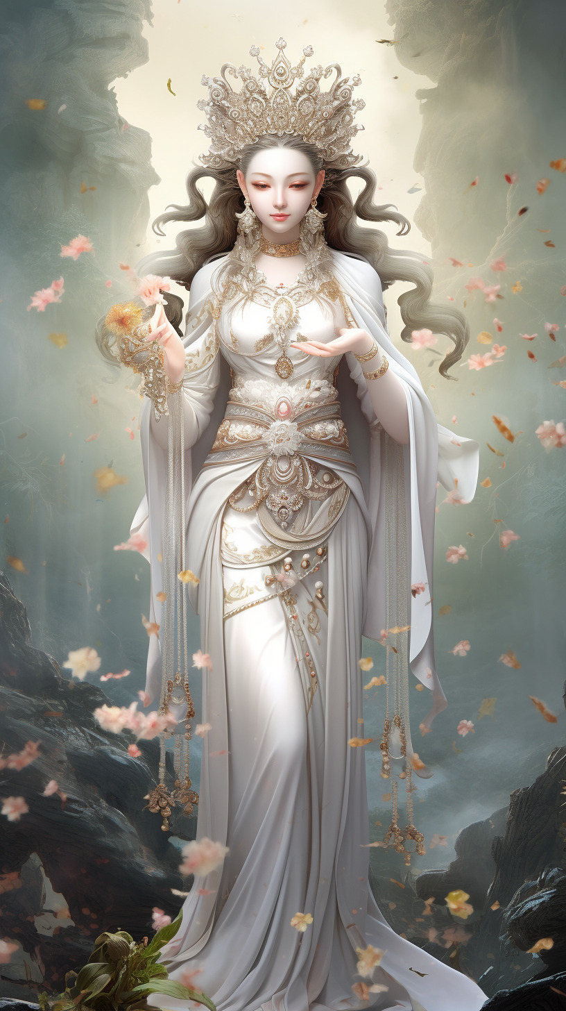 性感古风美女，观音菩萨，露肩，丰满低胸装，楚楚动人，紫白色色，鹅蛋脸，温柔面容，微笑，中式古风，持剑 明月的文本出图 Midjourney模型作品 