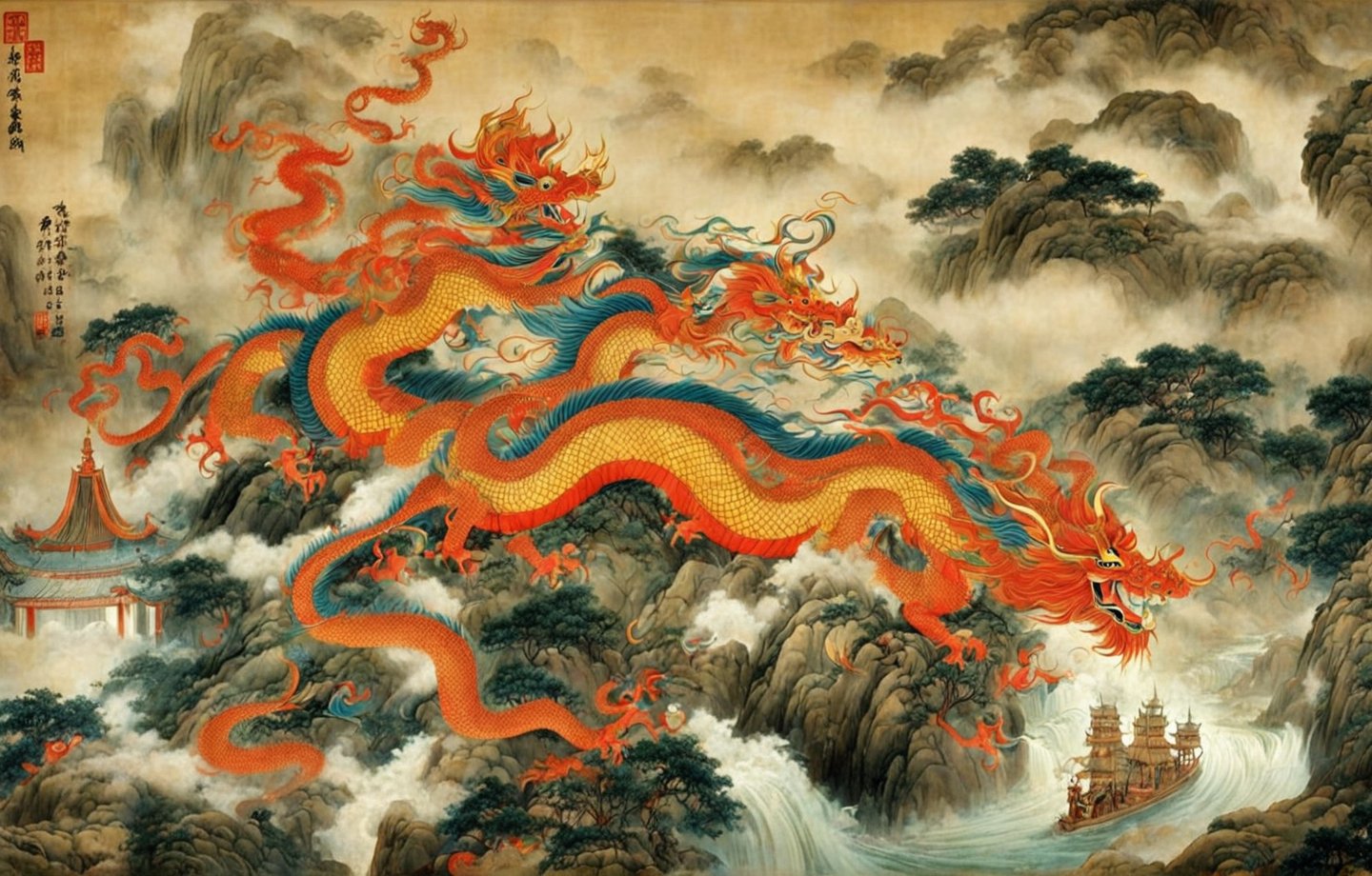 中国古神兽,龙,古代画风,古画-豆友SVTk的以图出图-通用模式作品