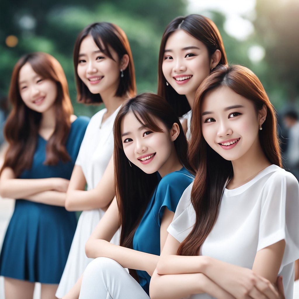 一群中国女生,年轻漂亮18岁,微笑甜美,青春洋溢,多人,背景简单-豆友Gz3o的文本出图-自定义创作作品