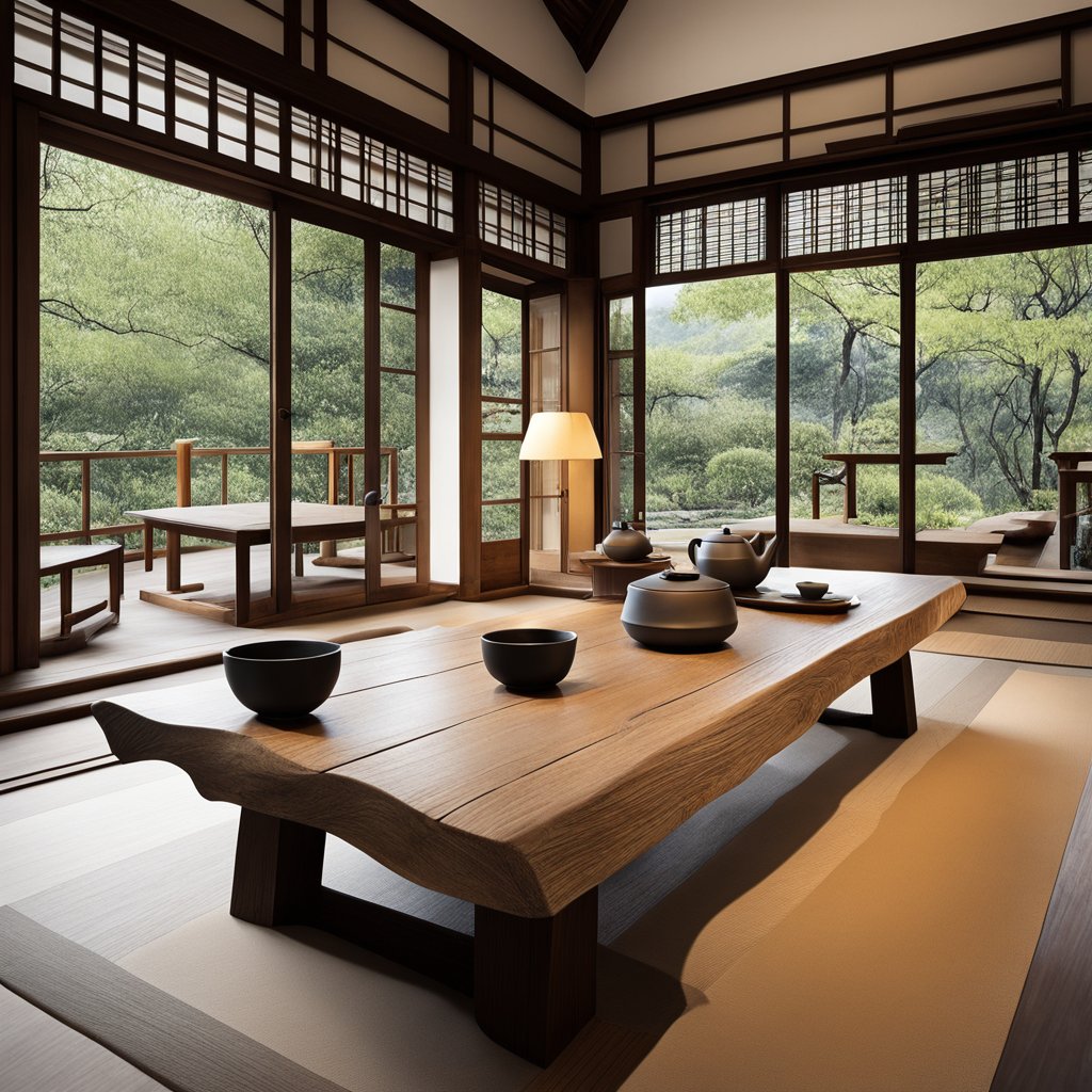 ,茶空间,原木茶台,复古,做旧,大茶台,实木大桌,侘寂,茶具,茶壶,茶杯,大空间,在室内,接待室,茶-豆友i19k的文本出图-自定义创作作品
