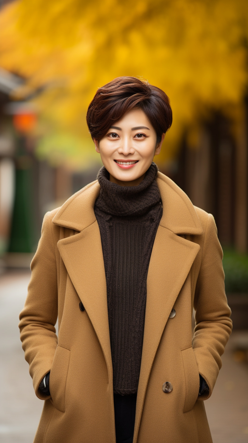 35岁中国女人,笑的开心 秋冬 成熟优雅的女人,短发,大眼睛,微笑,全身照,街道,超清,里面穿毛衣,-豆友5li4的文本出图 ...