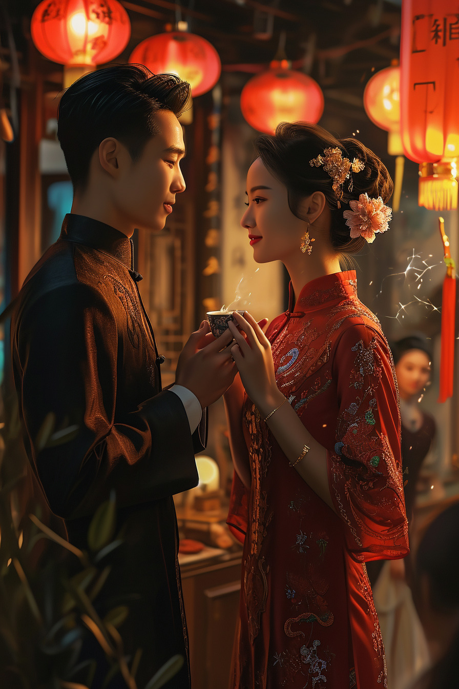 2024年，一对时尚风格的中国情侣，站在路口，左边是男士，高大帅气，看向女孩，手捧鲜花，右边是女孩，-又笨又聪明的一颗豆的文本出图-Midjourney模型作品
