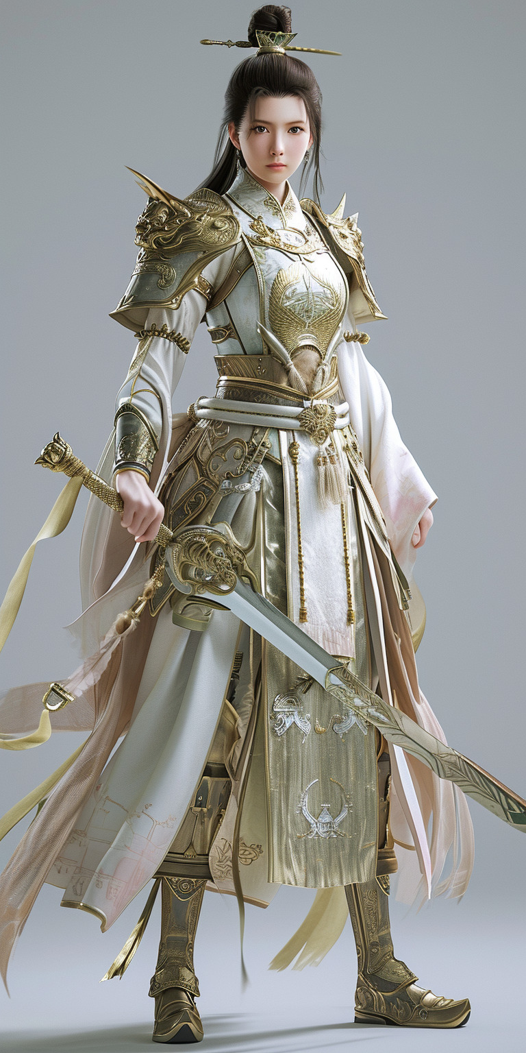 3D,中国宋朝20岁女将军,全身像,挥舞宝剑,杨门女将,高贵气质,剑眉,凤眼,英姿飒爽,透着灵气,灵-豆友151的文本出图 ...