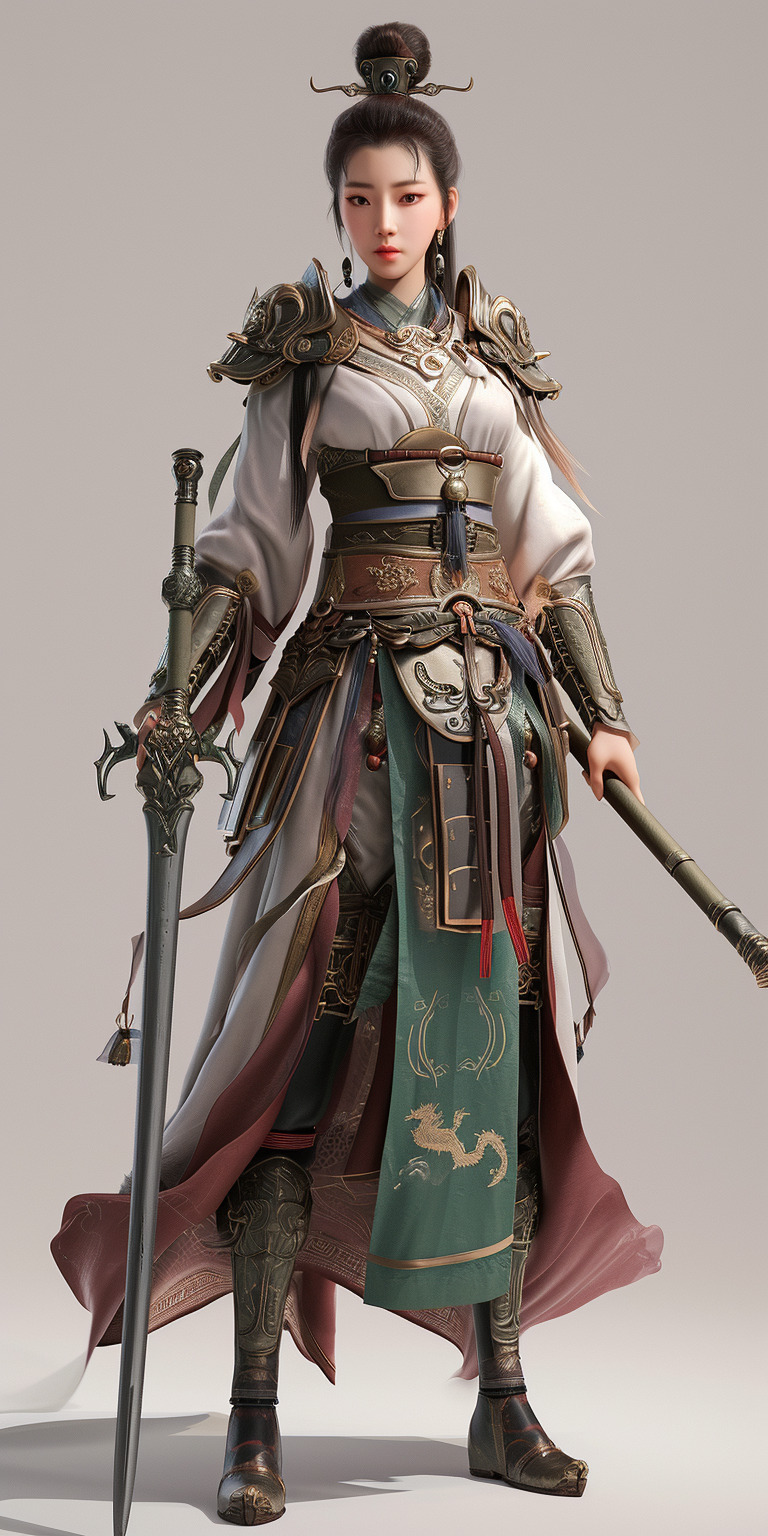3D,中国宋朝20岁女将军,全身像,挥舞宝剑,杨门女将,高贵气质,剑眉,凤眼,英姿飒爽,透着灵气,灵-豆友151的文本出图 ...