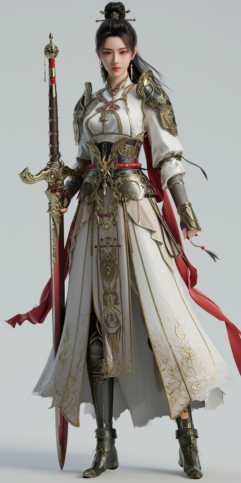 3D,中国宋朝20岁女将军,全身像,挥舞宝剑,杨门女将,高贵气质,剑眉,凤眼,英姿飒爽,透着灵气,灵-豆友151的文本出图 ...