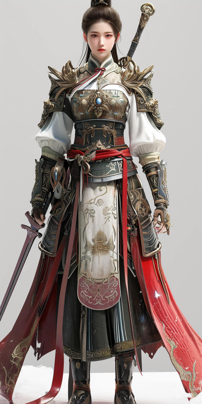 3D,中国宋朝20岁女将军,全身像,挥舞宝剑,杨门女将,高贵气质,剑眉,凤眼,英姿飒爽,透着灵气,灵-豆友151的文本出图 ...