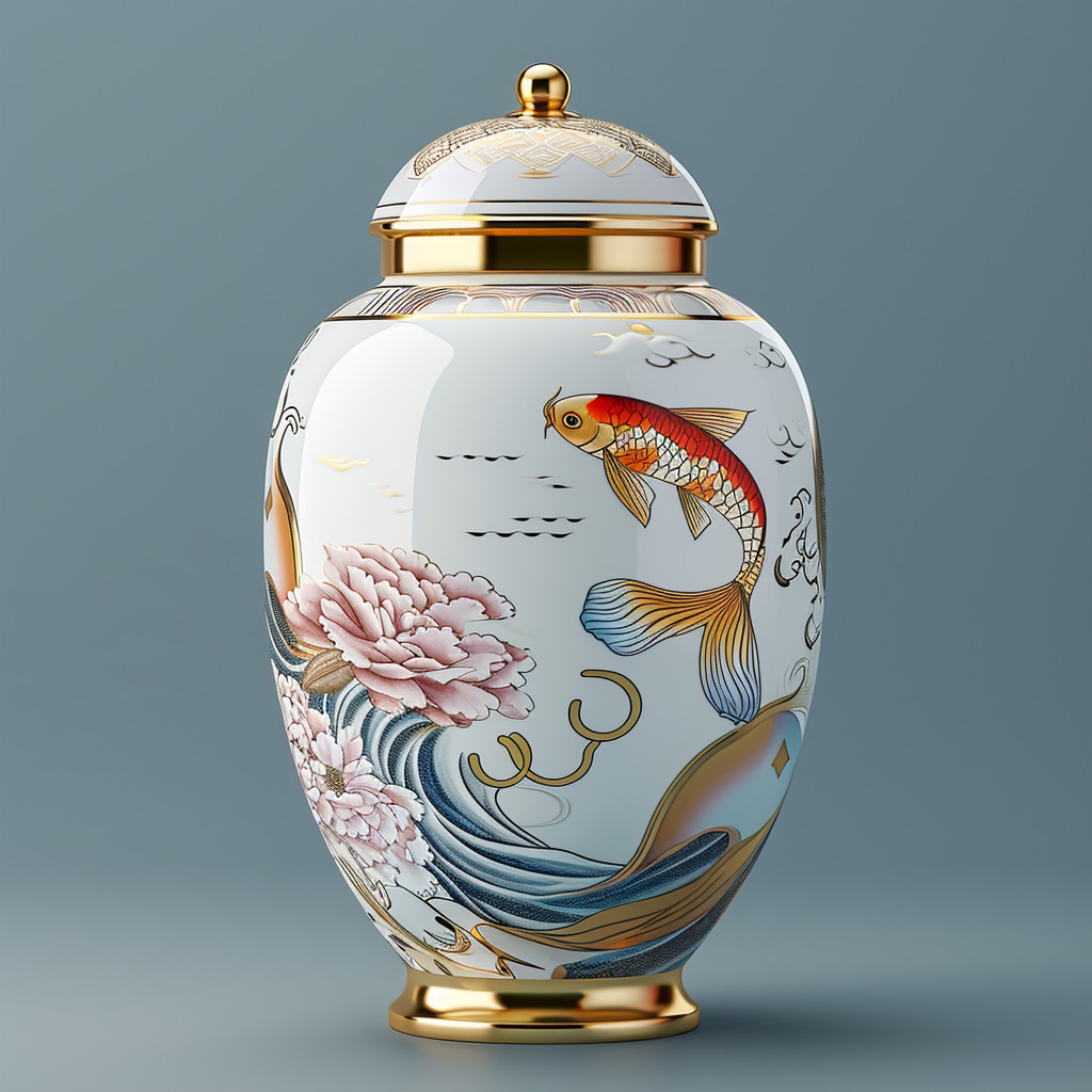 现代风格罐子,金色线条海浪与鱼花面设计,造型新颖,背景清昕,金色边缘,3D效果,现亻陶瓷质感,现代工-豆友fTI4的Midjourney作品 ...